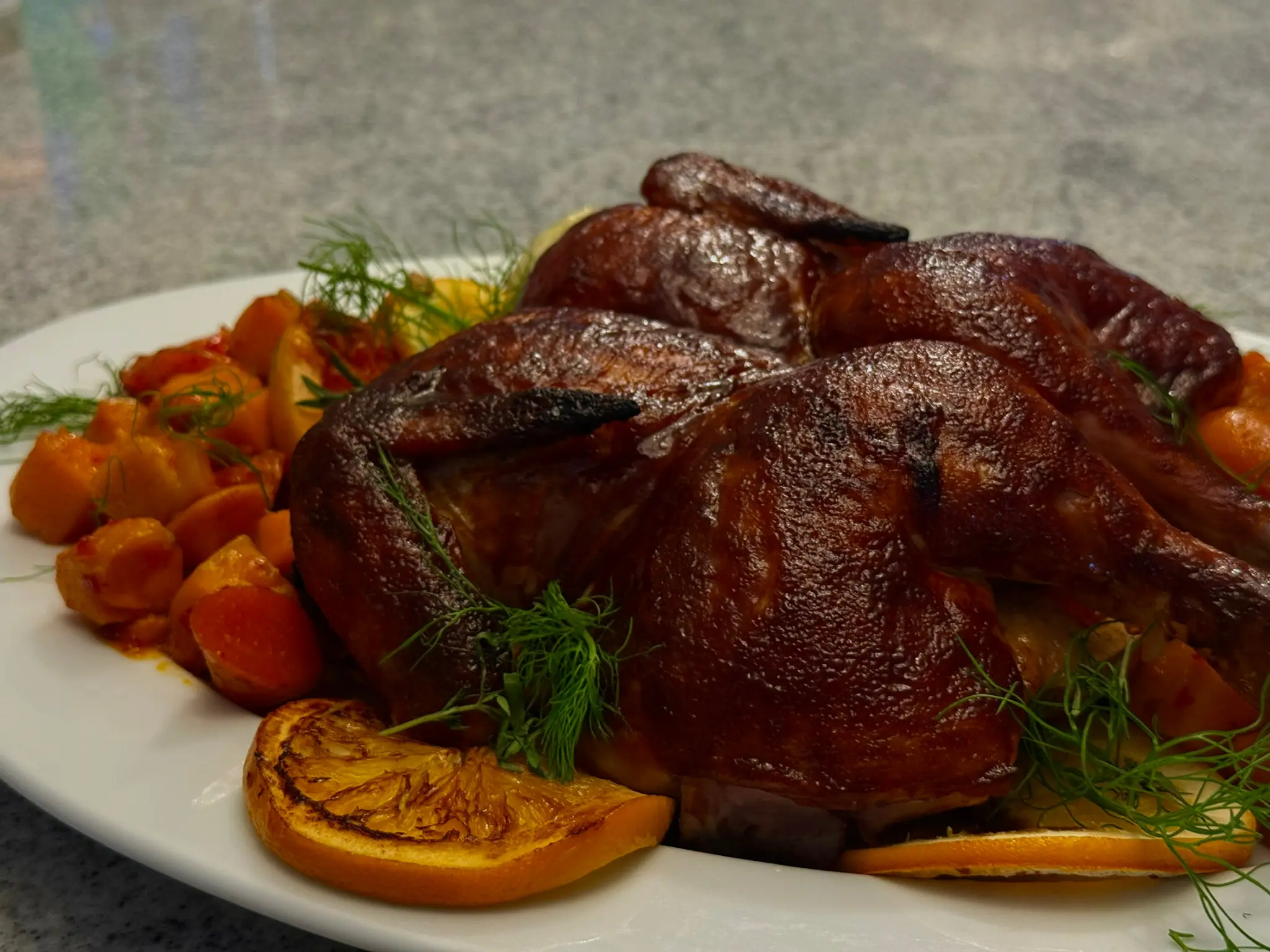 Glazed duck with citrus and roasted vegetables